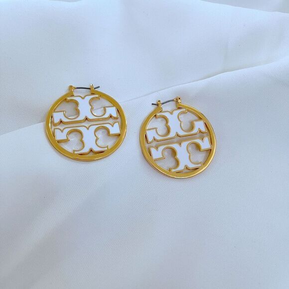 NWOT Tory Burch Gold Miller.White Enamel Logo Hoop Earrings - Picture 1 of 4